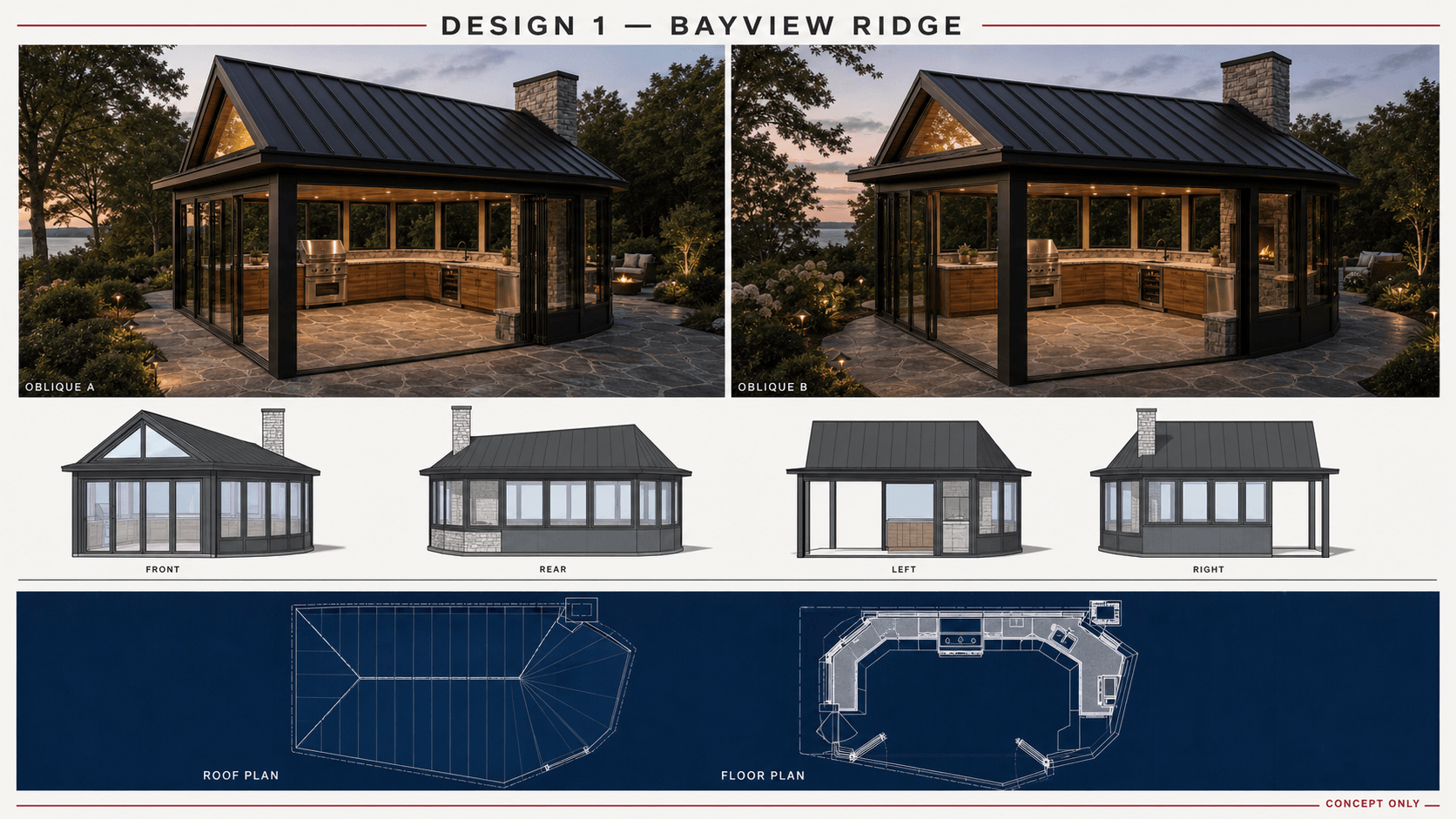 Concept 1, Bayview Ridge: architectural board with two obliques, four elevations, a roof plan, and a floor plan.
