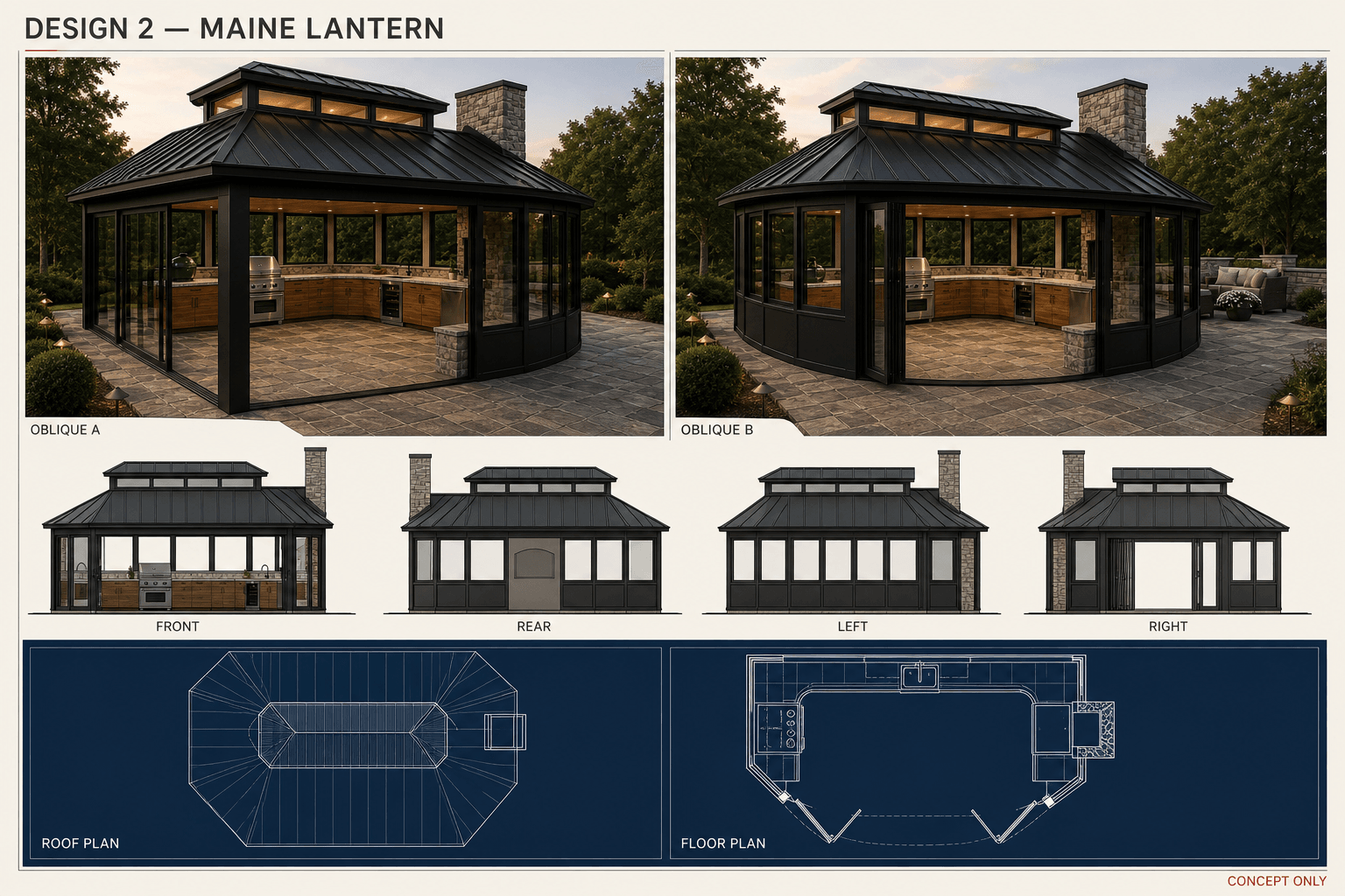 Concept 2, Maine Lantern: architectural board with two obliques, four elevations, a roof plan, and a floor plan.