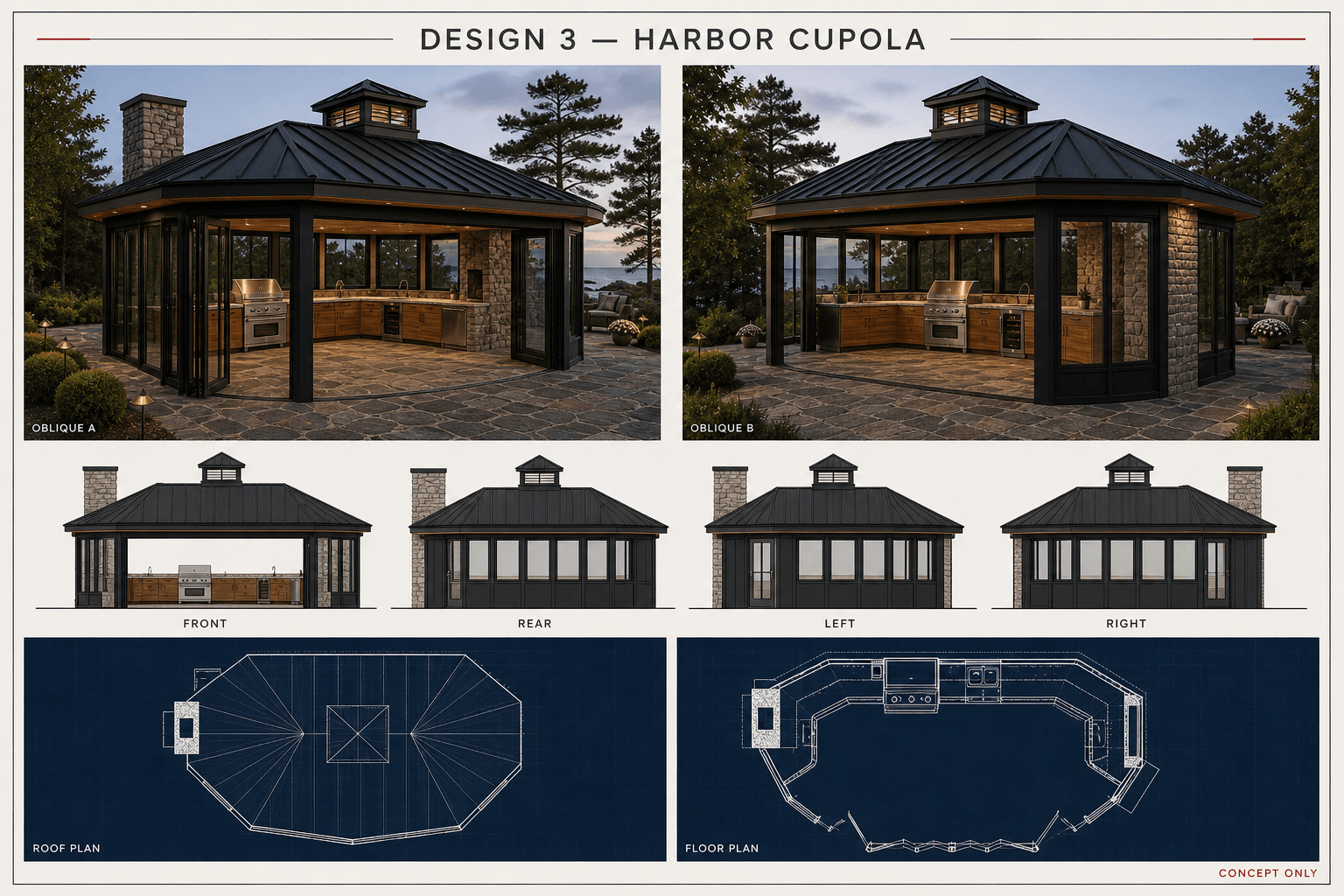 Concept 3, Harbor Cupola: architectural board with two obliques, four elevations, a roof plan, and a floor plan.