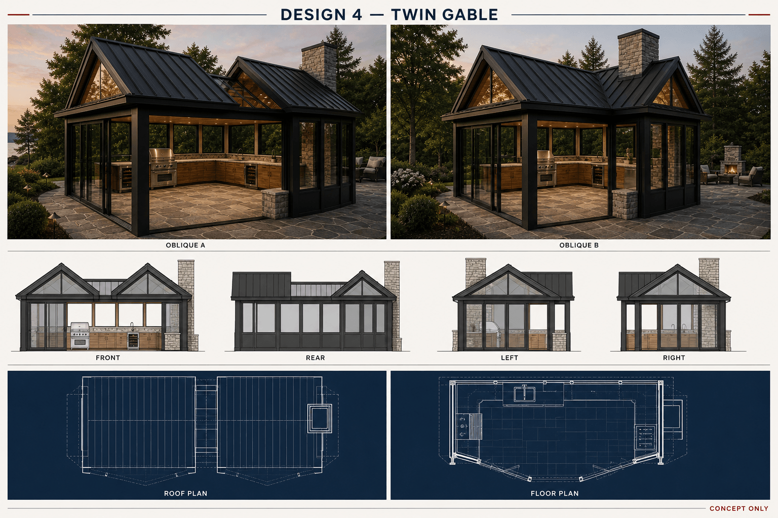 Concept 4, Twin Gable: architectural board with two obliques, four elevations, a roof plan, and a floor plan.