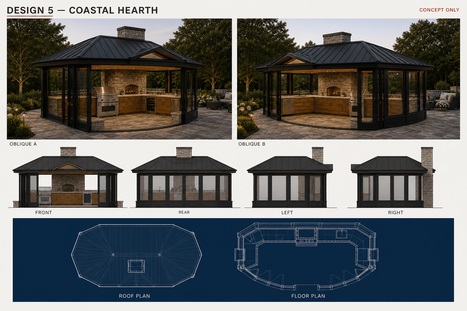 Concept 5, Coastal Hearth: architectural board with two obliques, four elevations, a roof plan, and a floor plan.