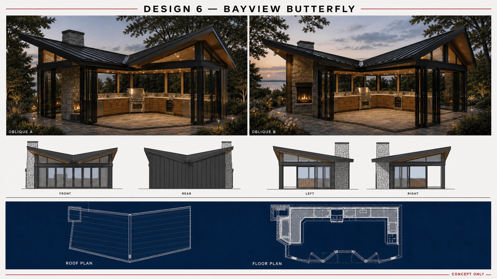 Concept 6A, Bayview Butterfly: architectural board with two obliques, four elevations, a roof plan, and a floor plan.