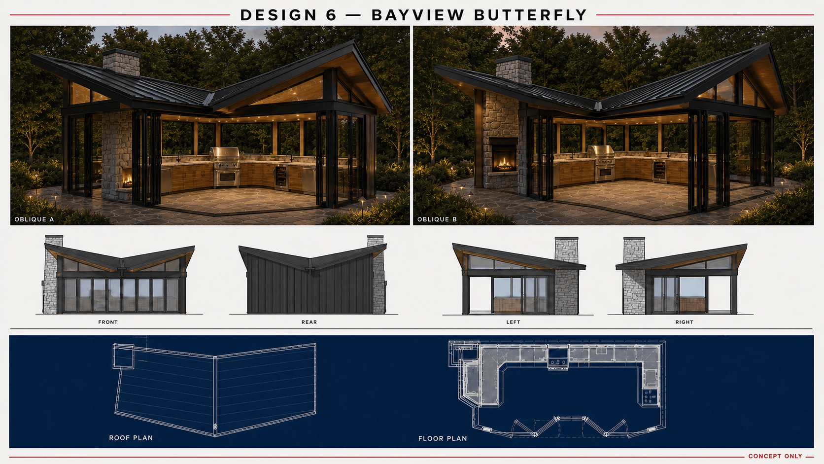 Concept 6B, Bayview Butterfly: architectural board with two obliques, four elevations, a roof plan, and a floor plan.