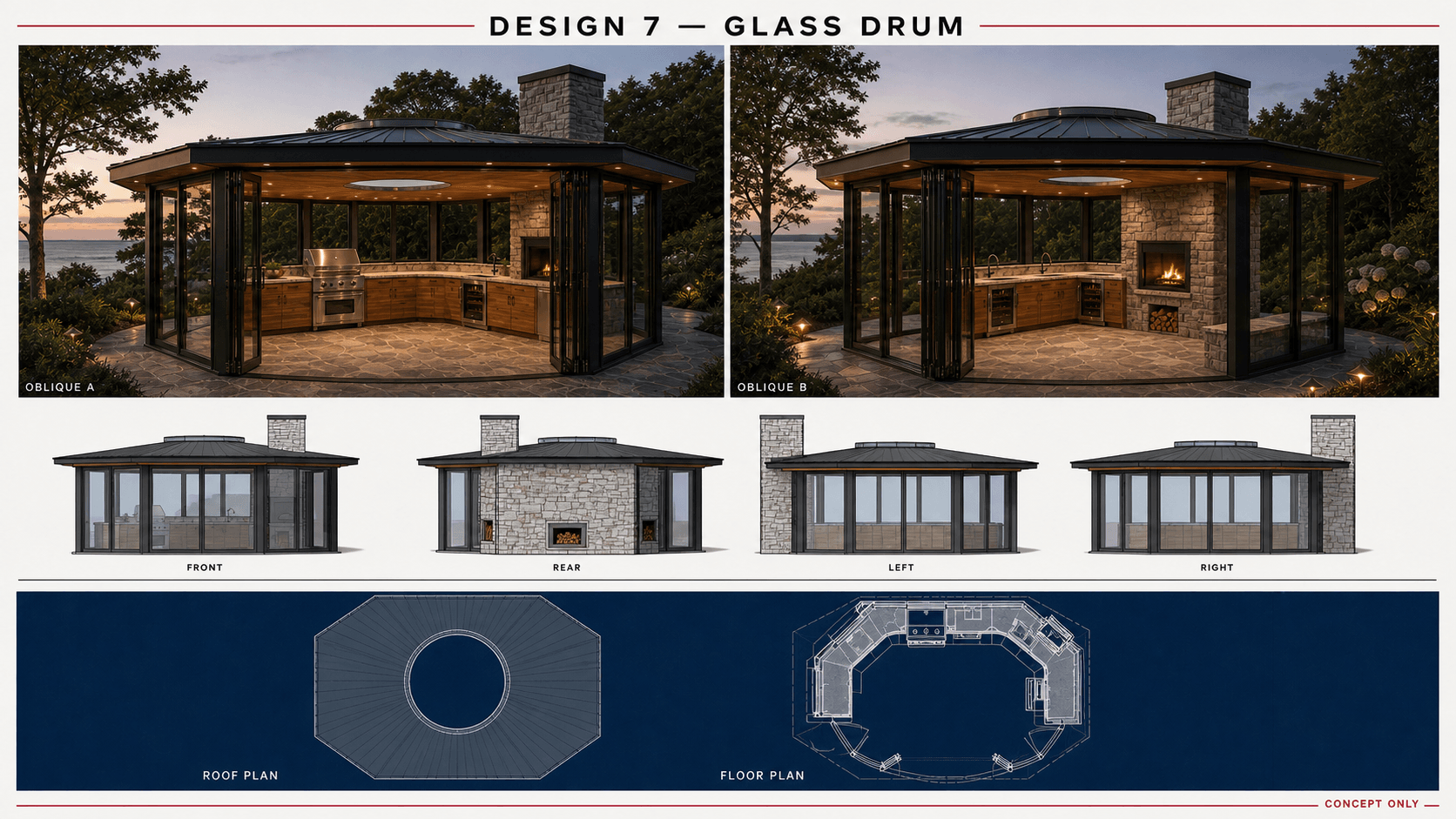 Concept 7A, Glass Drum: architectural board with two obliques, four elevations, a roof plan, and a floor plan.
