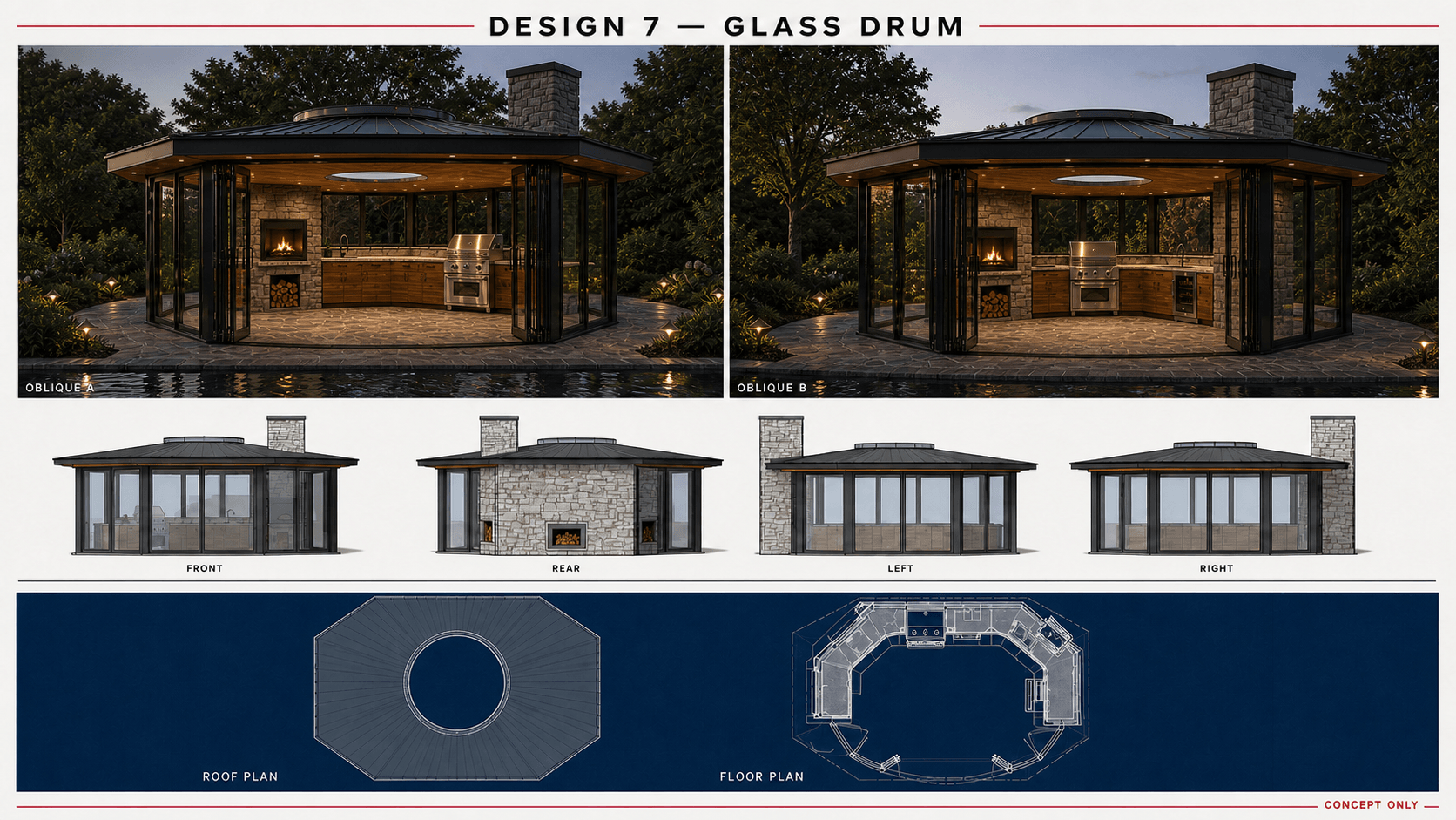 Concept 7B, Glass Drum: architectural board with two obliques, four elevations, a roof plan, and a floor plan.