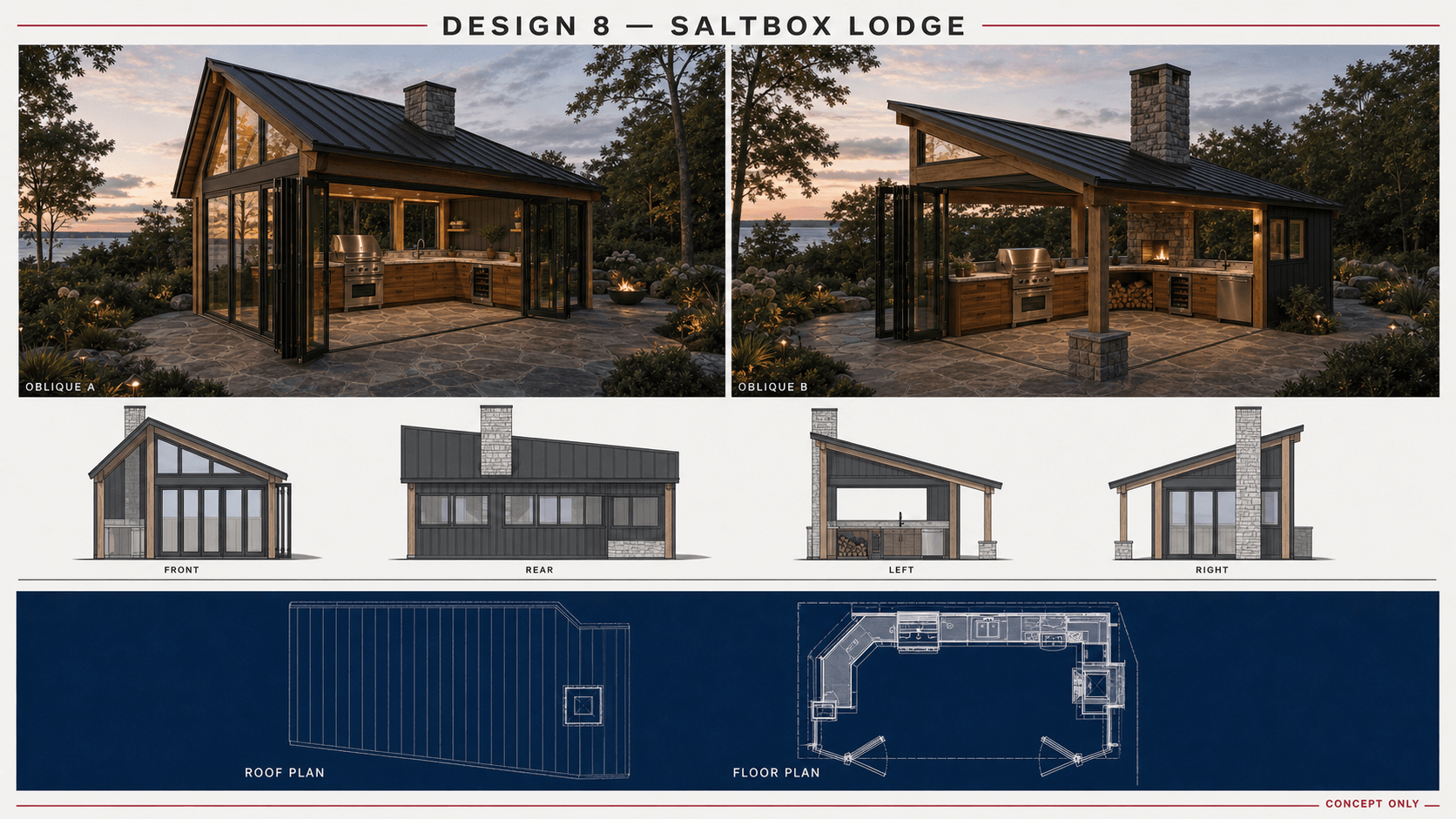 Concept 8A, Saltbox Lodge: architectural board with two obliques, four elevations, a roof plan, and a floor plan.