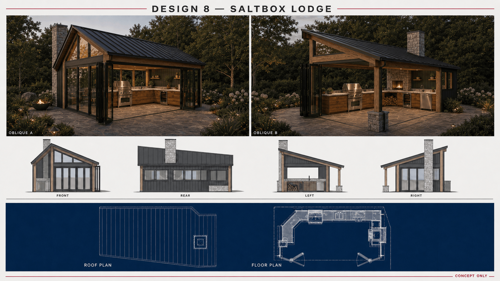 Concept 8B, Saltbox Lodge: architectural board with two obliques, four elevations, a roof plan, and a floor plan.