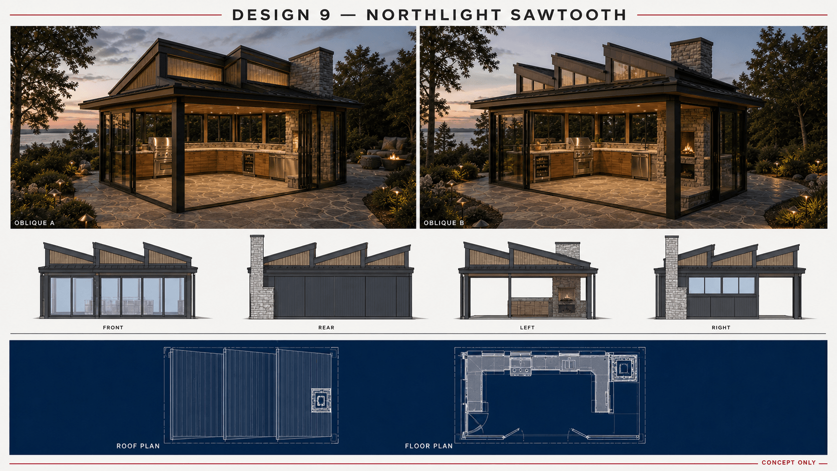 Concept 9A, Northlight Sawtooth: architectural board with two obliques, four elevations, a roof plan, and a floor plan.