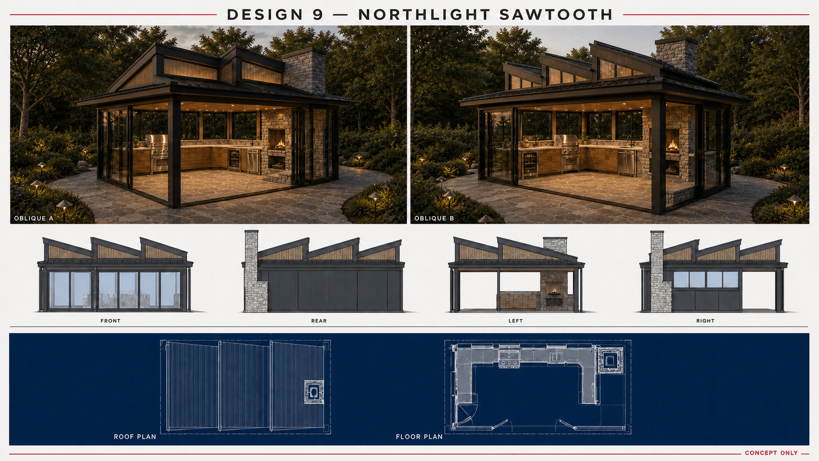 Concept 9B, Northlight Sawtooth: architectural board with two obliques, four elevations, a roof plan, and a floor plan.