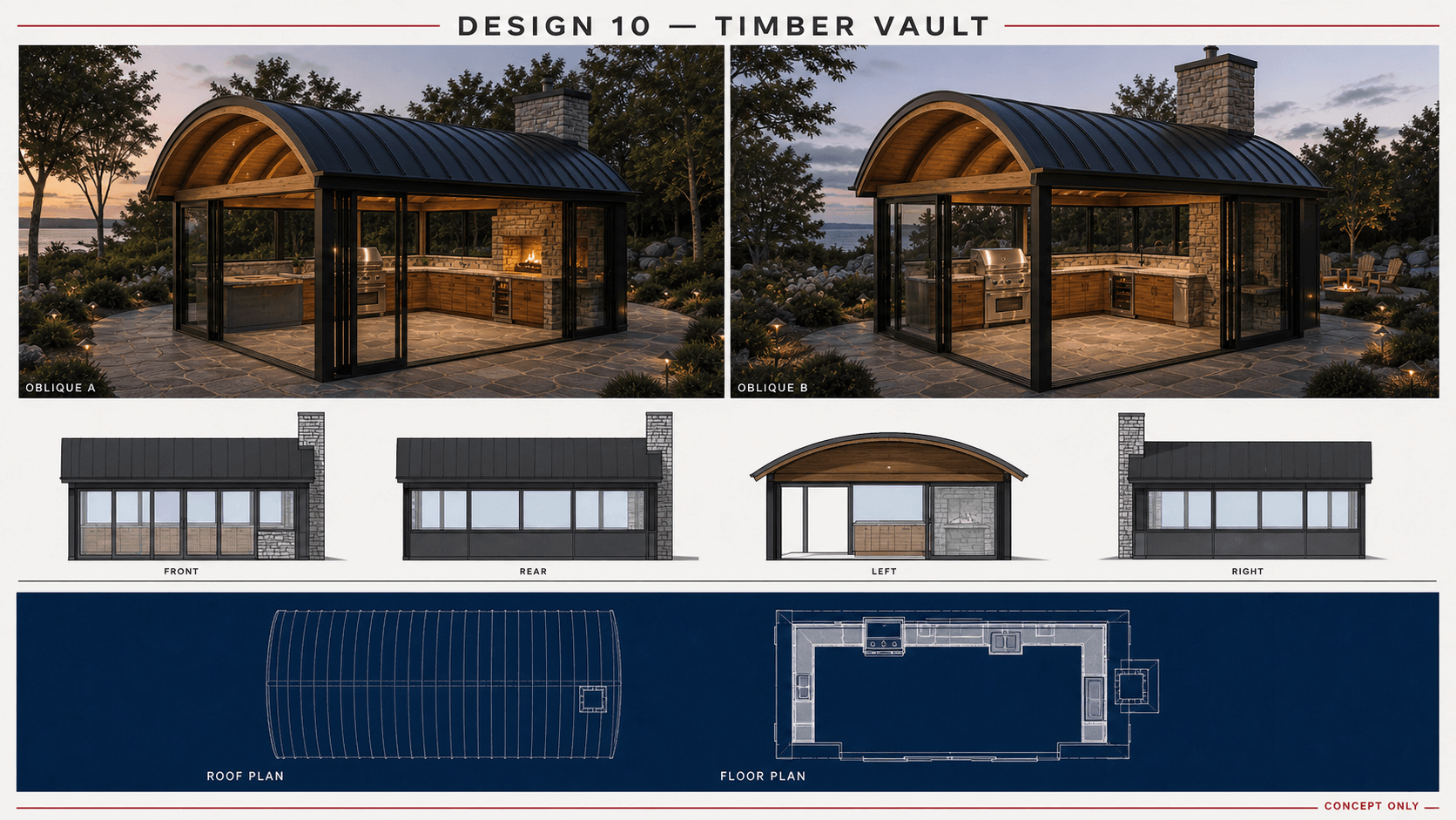 Concept 10A, Timber Vault: architectural board with two obliques, four elevations, a roof plan, and a floor plan.