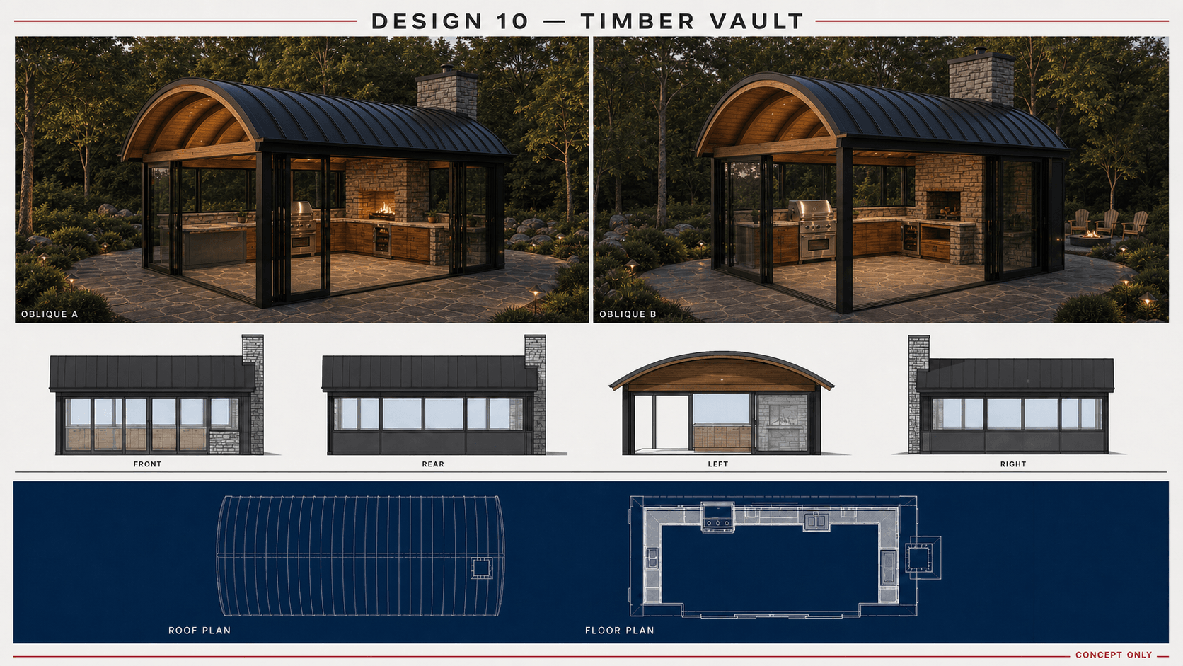 Concept 10B, Timber Vault: architectural board with two obliques, four elevations, a roof plan, and a floor plan.